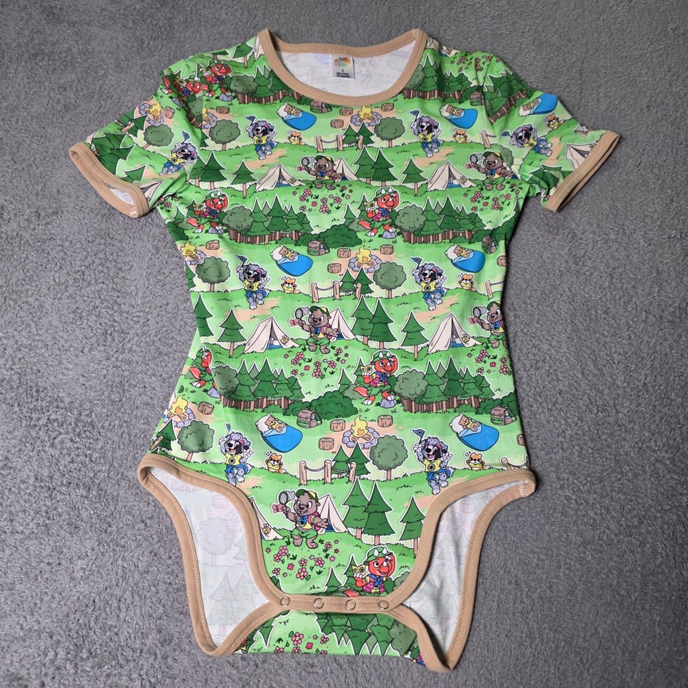 ODU BFC Unisex Large Bodysuit Green Camping Animal Print Snap Crotch Graphic